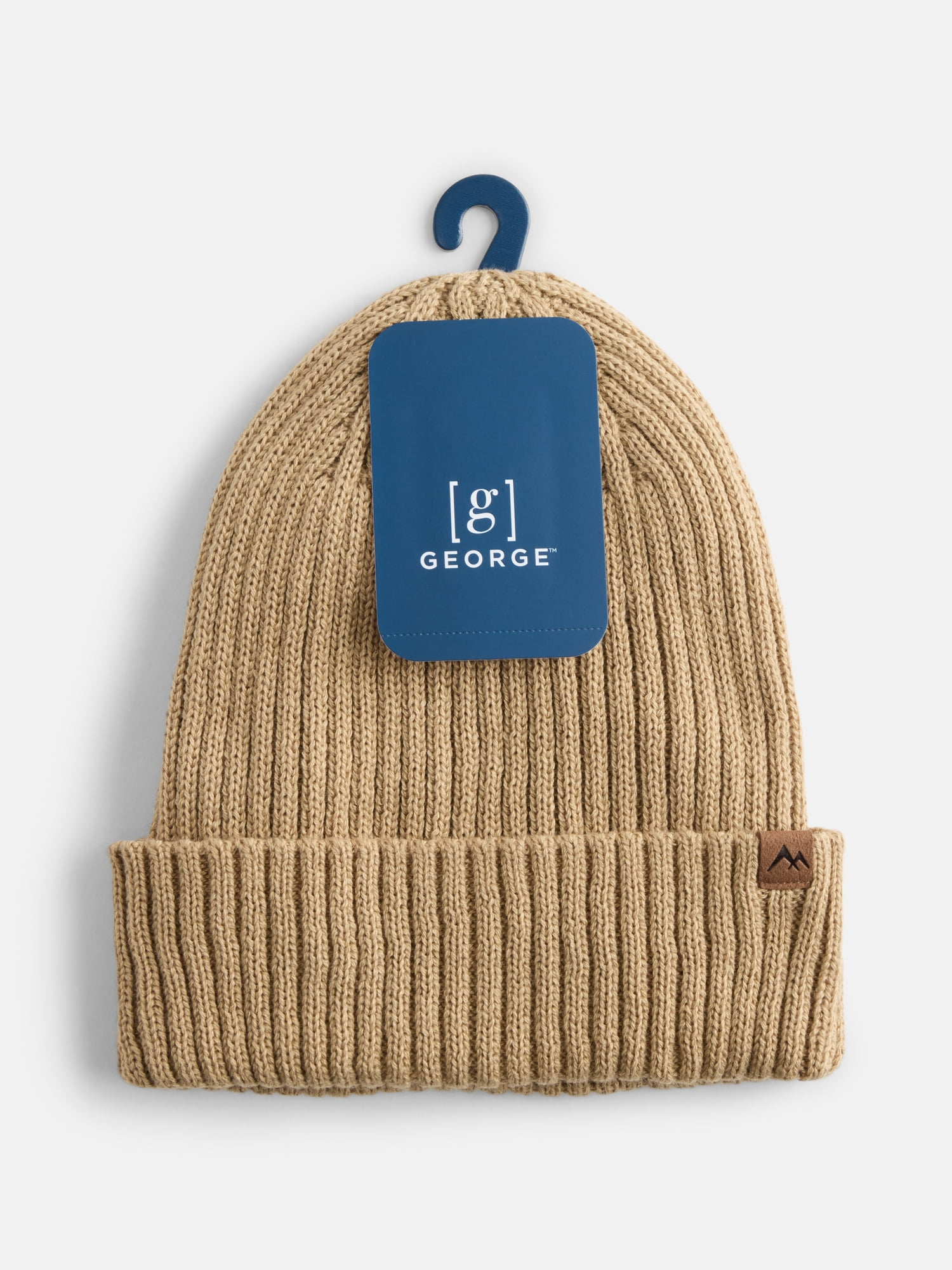 George Men's Fleece Lined Ribbed Knit Beanie Hat, Khaki