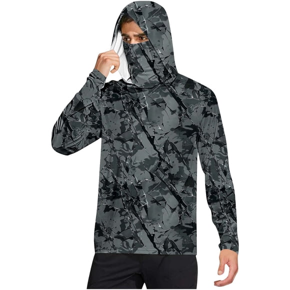 aohooy Chandails à Capuche pour Hommes à Séchage Rapide Masque Facial Camouflage Protection Solaire Manches Longues Chemise de Randonnée Extérieure Respirante Chandails à Capuche de Pêche Gris Foncé,L