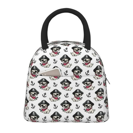 Qokaie Lunch Bag   Insulated Lunch Box  Small Leakproof Cooler Food Lunch Containers Reusable High Capacity Lunch Tote Bags DOG IS WEARING PIRATE COSTUME Drawing