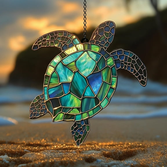 Sea Turtle Faux Stained Glass Suncatcher, Acrylic Window Hanging, Ocean Lover Gift, Turtle Decor for Home and Garden