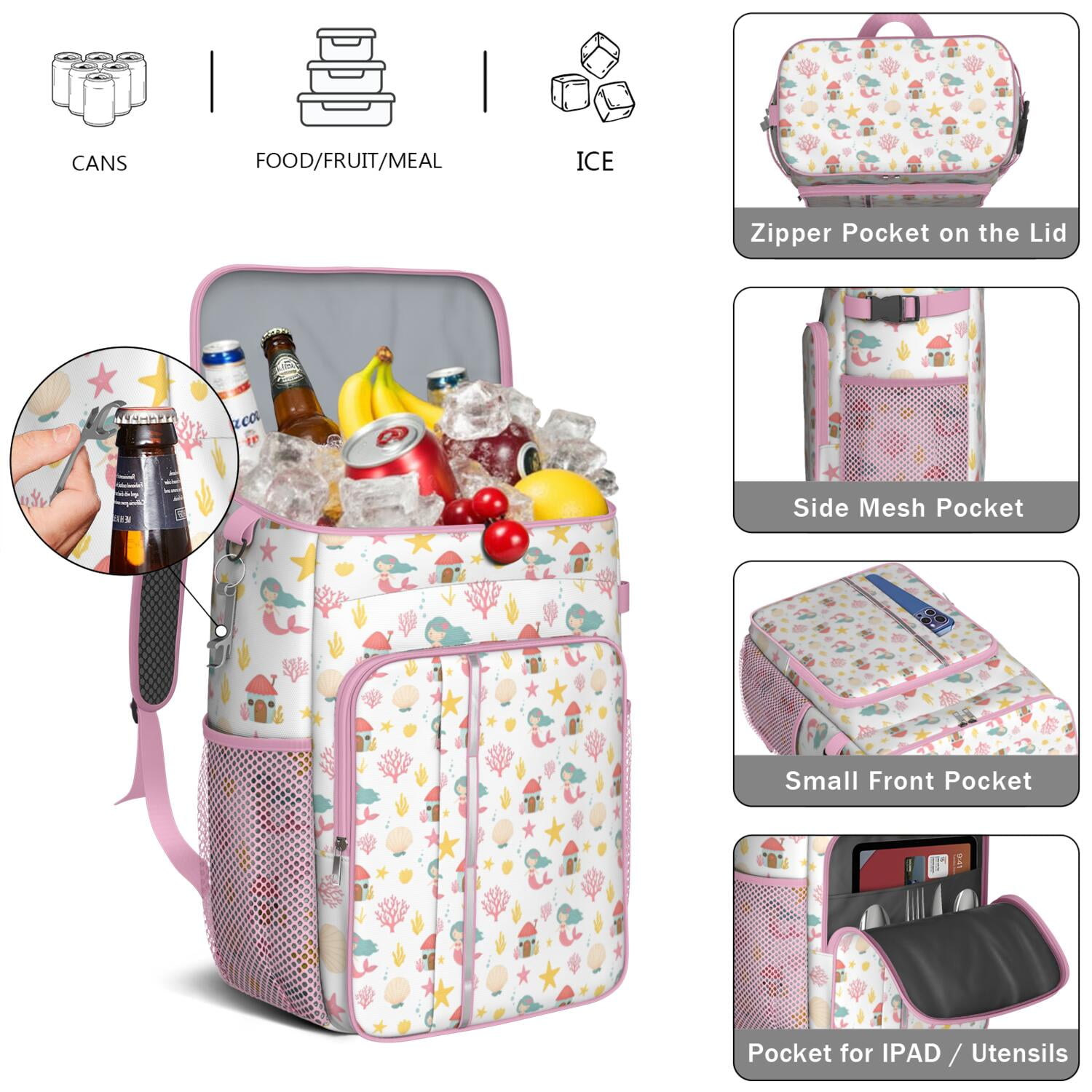 Travel Cooler Bag - White Mermaid Pattern Camping Beer Cooler Backpack with Bottle Opener- Waterproof Insulated Picnic Backpacks - Cooler Bag for Beach