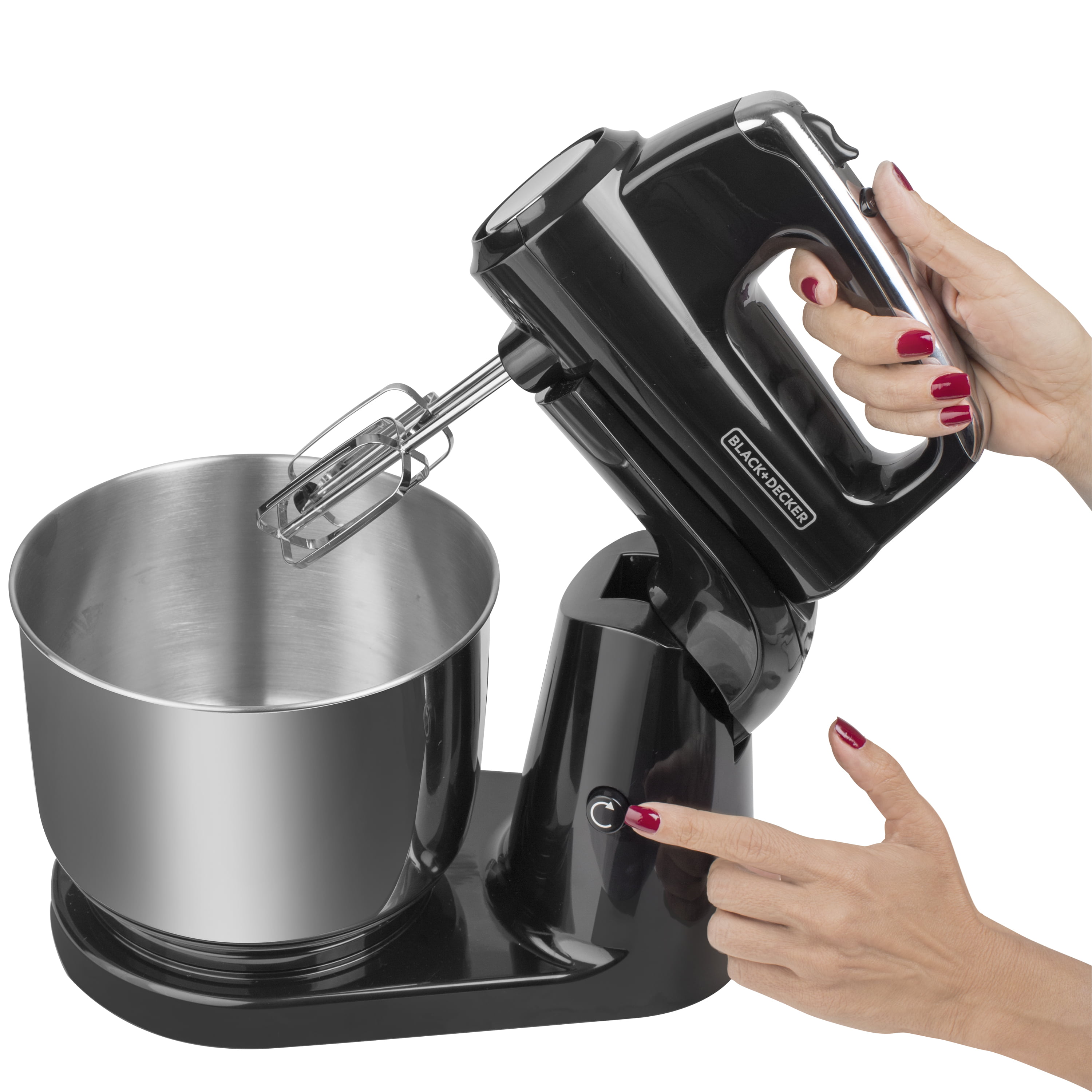 BLACK+DECKER 2-in-1 Pedestal Hand Mixer with Rotating Bowl, Black 