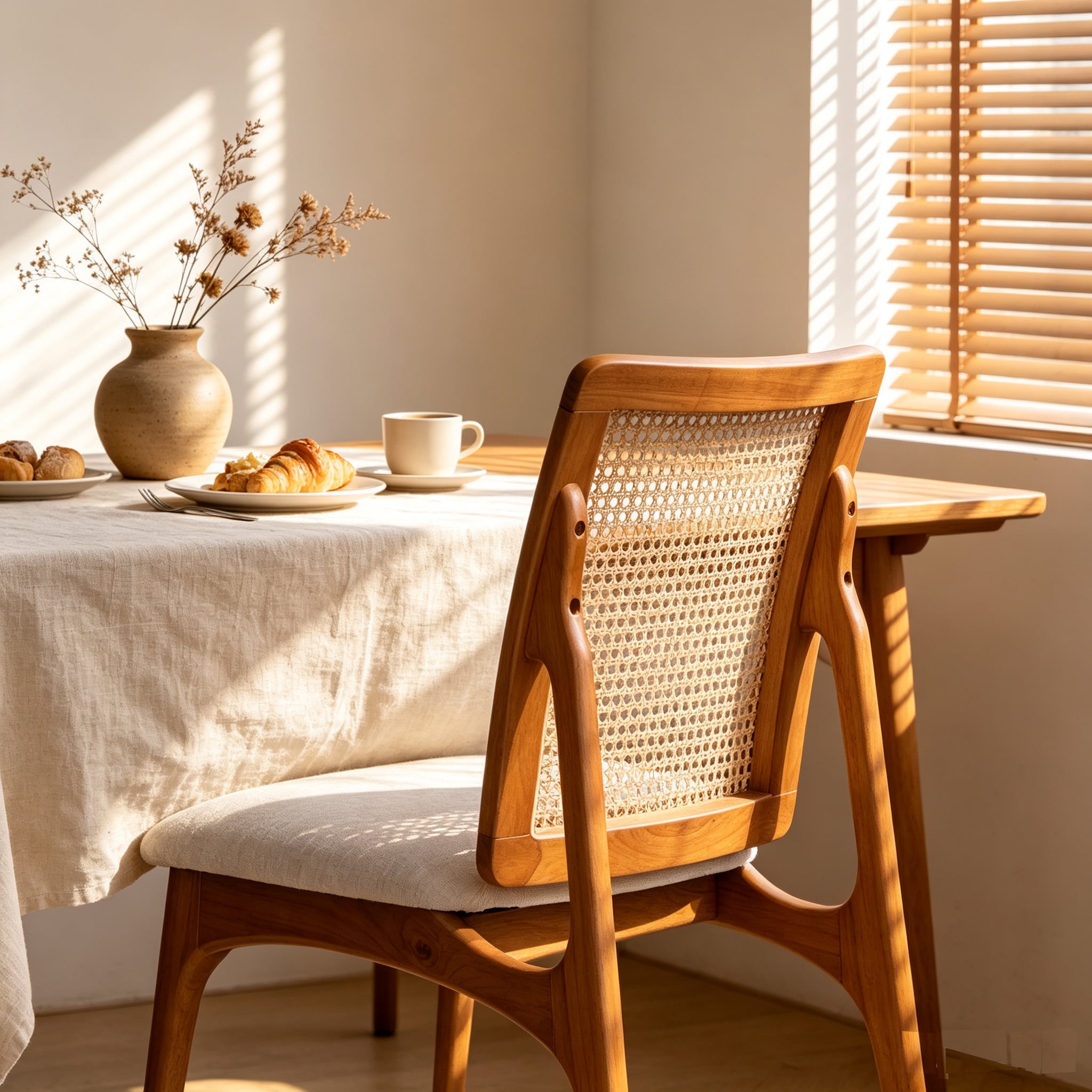 Garitin Dining Chair Set of 2 and Rattan Back Side Chairs, Wooden Frame Seating with Fabric Cushion for Kitchen and Dining Room, Natural