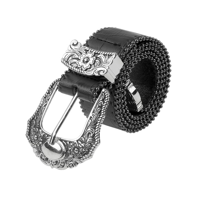 Cinturón Retro Chic para Mujeres con Patrón Impreso y Hebilla de Pasador, Decoración para Vestidos y Faldas 103x3.8cm/40.6x1.5" Patrón de Piedra Negra