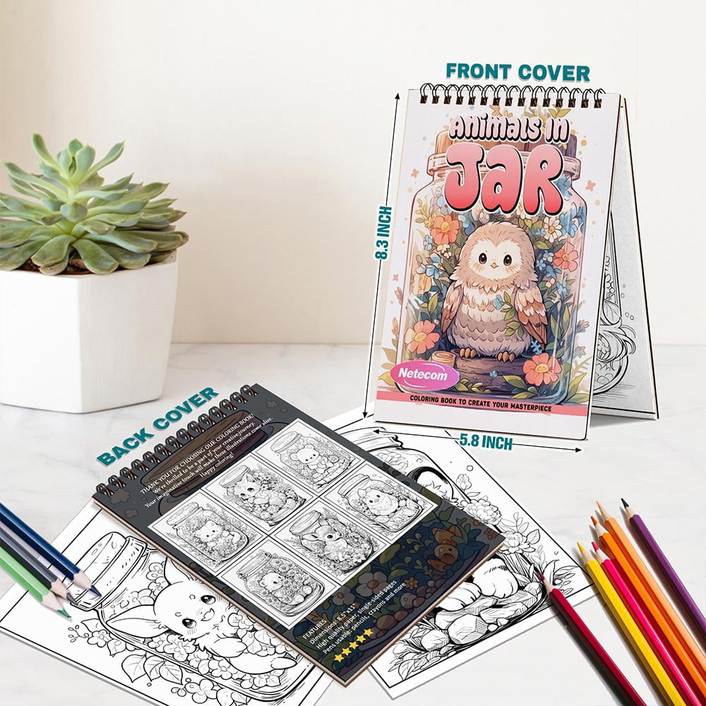 Animals in Jar Coloring Book Spiral Bound For Adults, A5 Wooden Cover, 30 Dreamy Coloring Pages in The Fascinating World Of Animals for Stress Relief and Relaxation