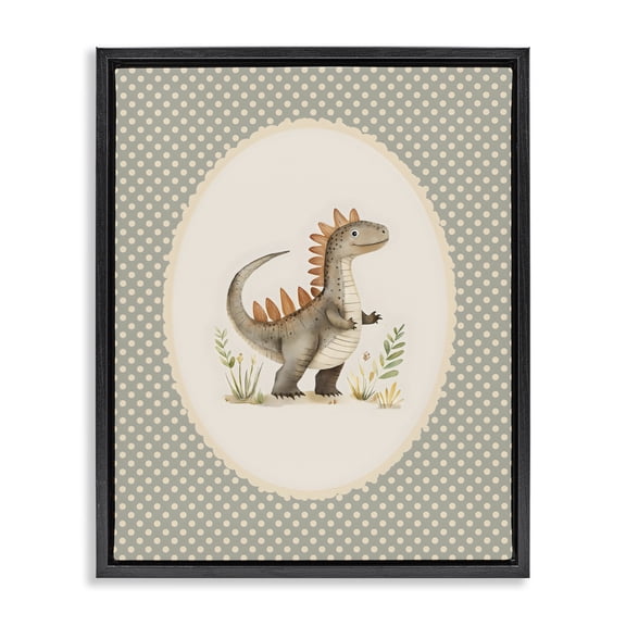 Stupell Industries Eclectic Watercolor Dinosaur Polka Dot Border Black Floating Frame Canvas Art, 17 x 21, by LSR Design Studio