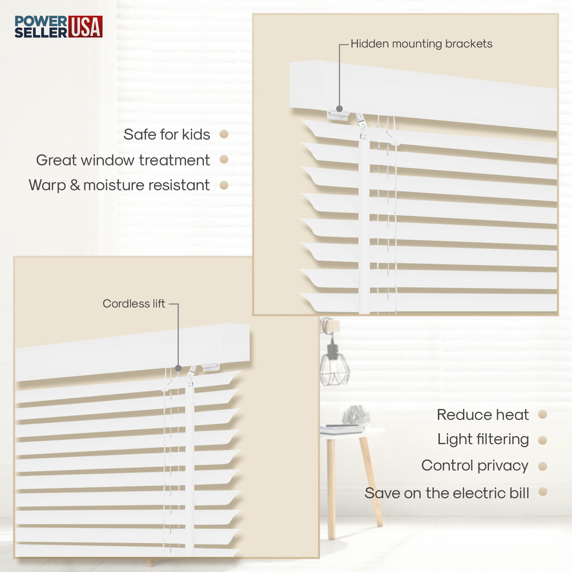 PowerSellerUSA 1" Slats Cordless Window Blinds, 64L x 42W Inches Solid Pattern Light Filtering Vinyl Indoor-Outside Ceiling Mount Mini Blind, Manual Cordless Rollup Window Privacy Blinds, White