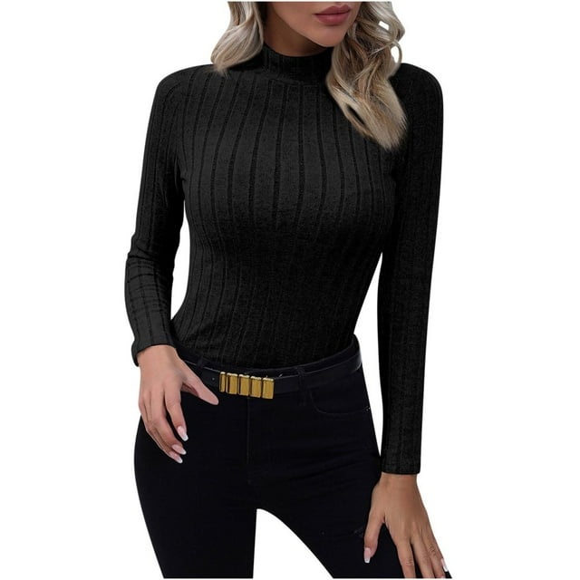 LNGOOR Women‘s Long Sleeve T Shirts Mock Turtleneck Stretchy Slim Tight Tops Knit Ribbed Basic Tee Base Layer