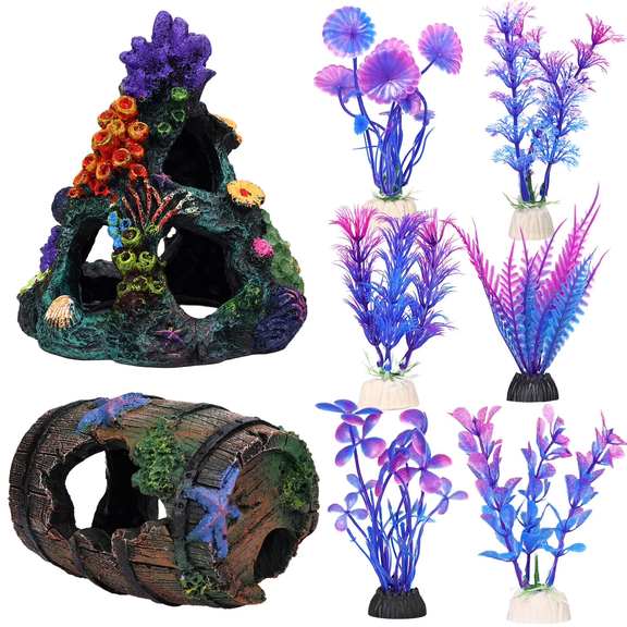VNEKVA Colorful Coral Reef Aquarium Decor Set, 1 Coral Mountain, 1 Starfish Barrel & 6 Artificial Plants