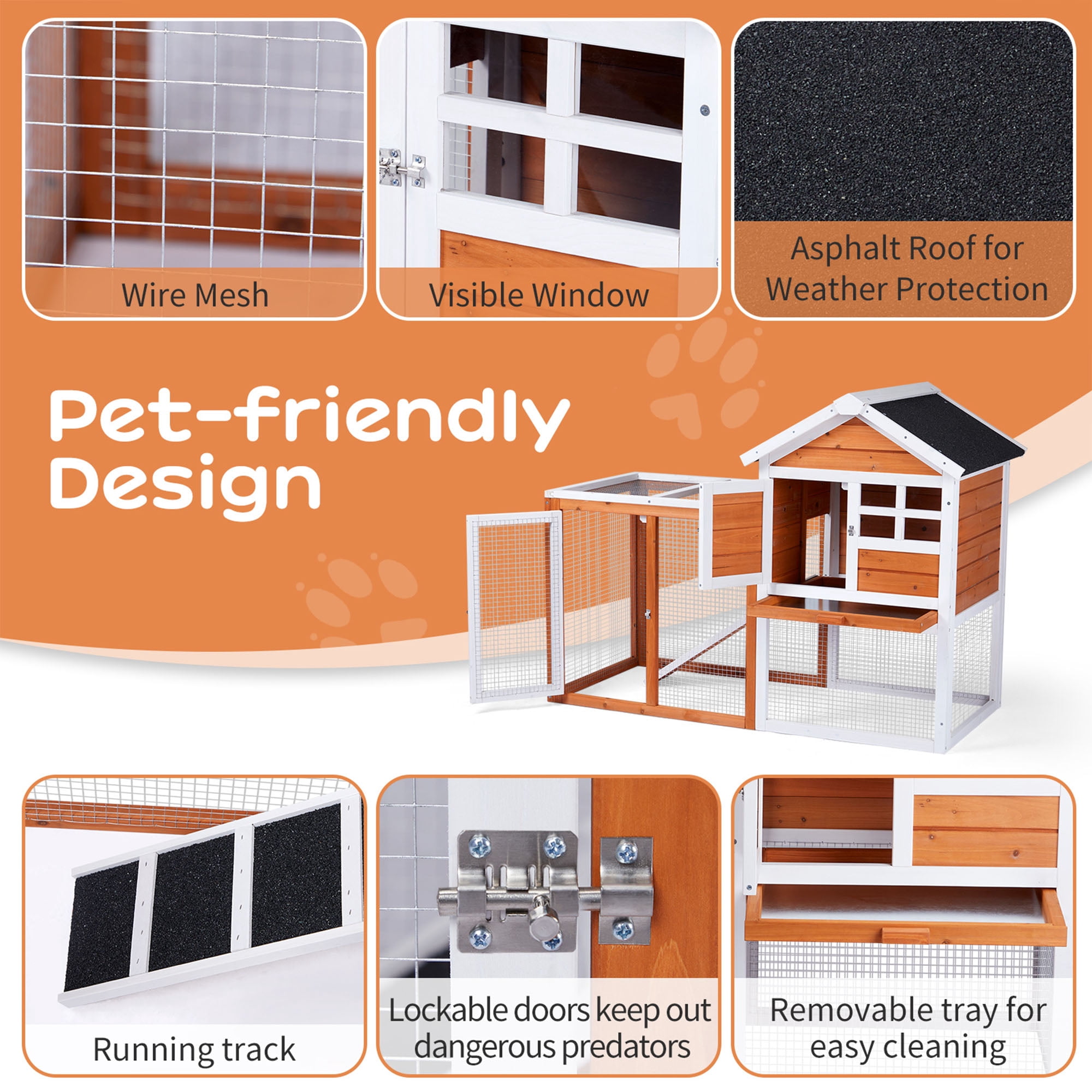 Pefilos 46" 2-Layer Wood Rabbit Hutch with Run, Large Indoor Bunny Cage, Outdoor Chicken Coop with Pull Out Tray for Small Animal, Orange