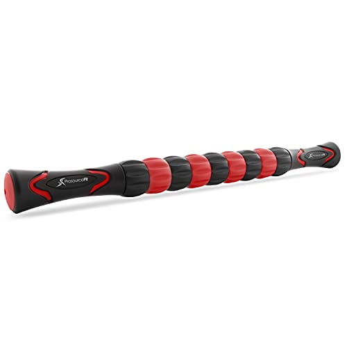 ProsourceFit Massage Stick Roller, 18” Handheld, Portable Self-Myofascial Release Tool for Relief from Muscle Pain/Cramps in Calves, Shins, Thighs and Back, Red/Black