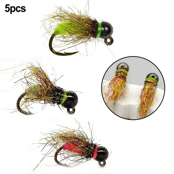 Zero 5pcs Fly Hook Trout Fishing Lures Fast Sinking Tungsten Bead Head Nymph Fly Bait Yellow