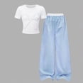 thumbnail image 5 of Girls Y2K Fashion Outfit Ruffle Bow Print Crop Top Striped Wide Leg Pants Summer Set 12-13 Years, 5 of 8