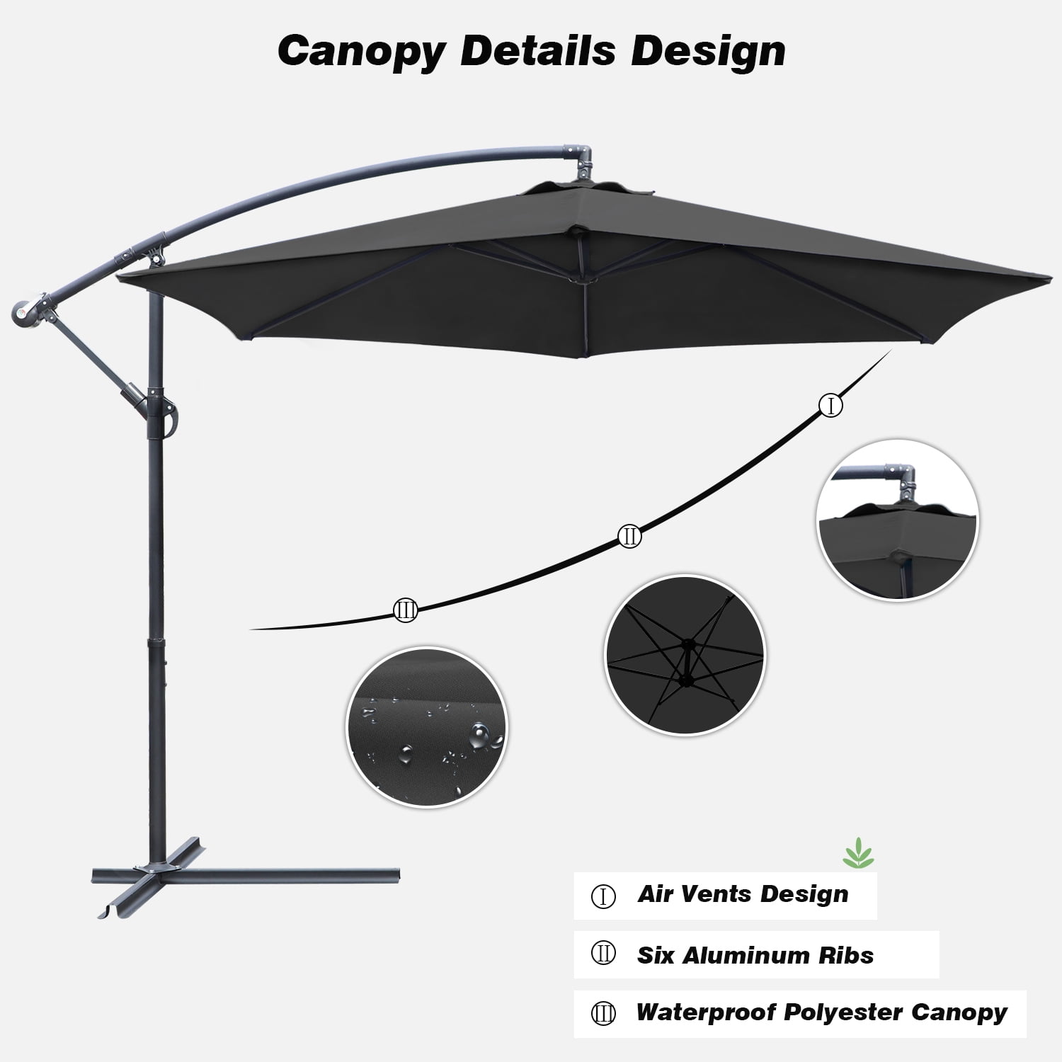 Devoko 10 Ft Patio Offset Cantilever Umbrella Outdoor Market Hanging Umbrellas with Crank & Cross Base, Black