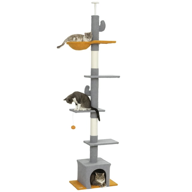 PawHut Arbre à Chat du Plancher au Plafond 90,5 Pouces-108 Pouces Hauteur Réglable, Gris Pâle