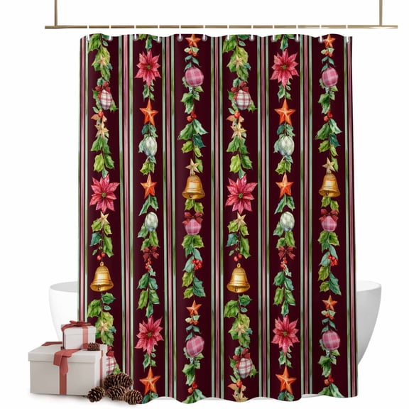 Christmas Stripes Bathroom Shower Curtain Bell Flower Stars Snowflakes Burgundy Waterproof Washable Shower Curtains for Bathtub Bath Decor with Grommets and Hook 36 X 72 Inch