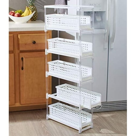 Slim Kitchen Storage with Five Slide-Out Drawers for Pantries, Gaps, Bathrooms