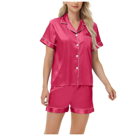 felwors Silk Pajamas for Women Set Short Sleeve Sleepwear Soft Button Down Loungewear 2 Piece Satin Pjs Shorts Set Hot Pink, S
