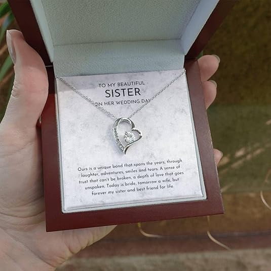 To My Sister on Your Wedding Day with Message Card and LED Box, Wedding Day Gift for Bride, Wedding Day Gift for Sister of the Bride Gift Love Forever Necklace