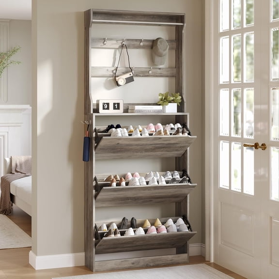 FANRAL Wooden Shoe Rack,3 Tiers Shoe Rack with Coat Rack,Shoe Organizer Storage with Hooks,Freestanding Shoe Shelf for Entryway,Hallway,Office,Gray Shoe Cabinet