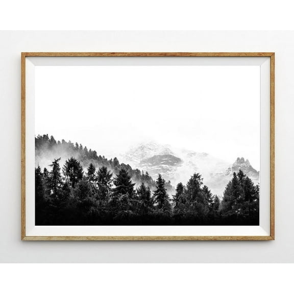 Mountain Print Forest Print Horizontal Large Wall Art Prints Landscape Photo Nature Poster Art Nordic Print Black And White Foggy Wall Art, Modern Wall Decor, 8x12 UNFRAMED