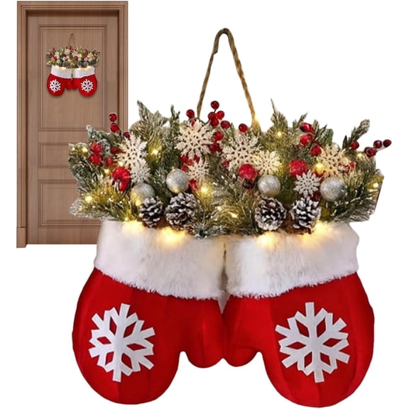 Christmas Wreath, Twinkling Christmas Mitten Wreath with LED Lights, Glove Front Door Artificial Garland, Lighted Holiday Wreaths with Red Berries Pine Cones Branches for Holiday Party Decor
