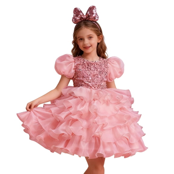 WMQPNNS Girls Sequined Party Ball Dress Pink Dress for Age 9-10 Years Ruffle Tiered Tutu Dress with Big Bow Headband Wedding Birthday Party Prom Dress