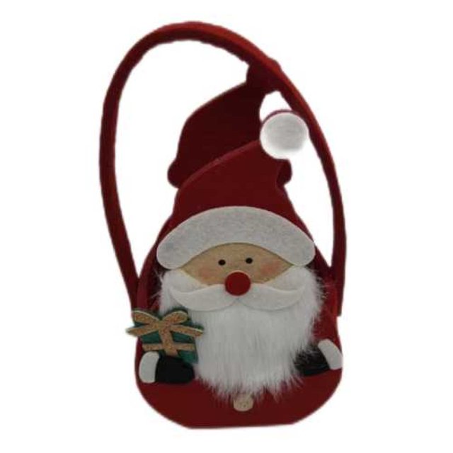 8-inch felt basket designed as Santa Claus wearing a red hat and white beard, holding a wrapped gift.