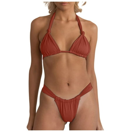 Women s High-Cut Bikini Set: 2PC Ruched Thong Swimsuit with Tie Knot  Sexy Summer Beachwear Coffee M