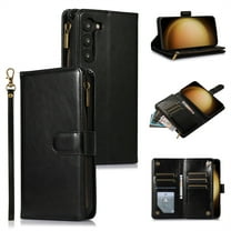 ELEHOLD for Samsung Galaxy A32 5G Wallet Case with 9 Card Holders Zipper Pocket Kickstand Soft PU Leather Flip Shockproof Protective Cover with Wrist Strap Business Style for Women Men,black