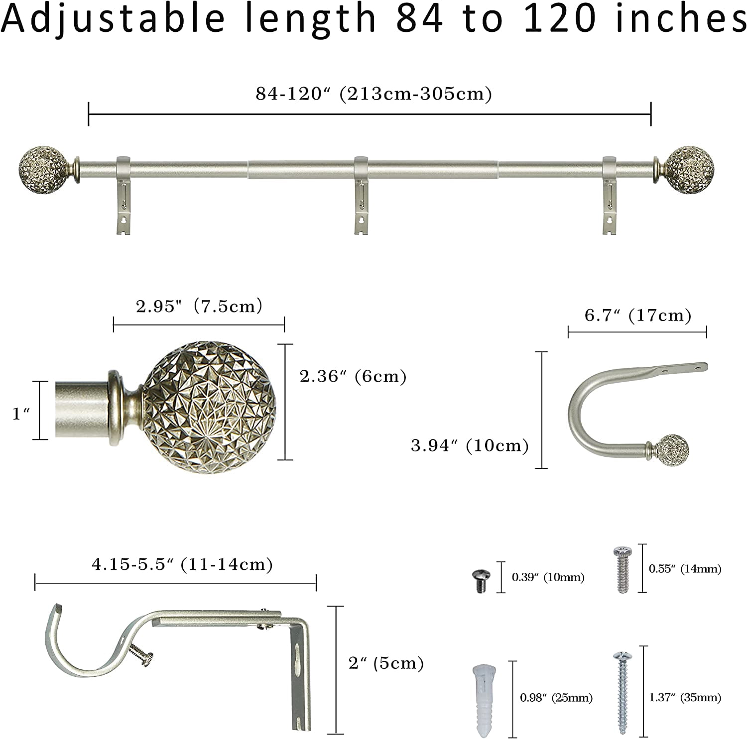 eTeckram 1" Curtain Rod with Torre Finials - 84" to 120", Pewter