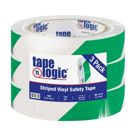 UPC: 0848109021782 | Tape Logic T91363PKGW 1 in. x 36 yards Green & White Striped Vinyl Safety Tape – Pack of 3