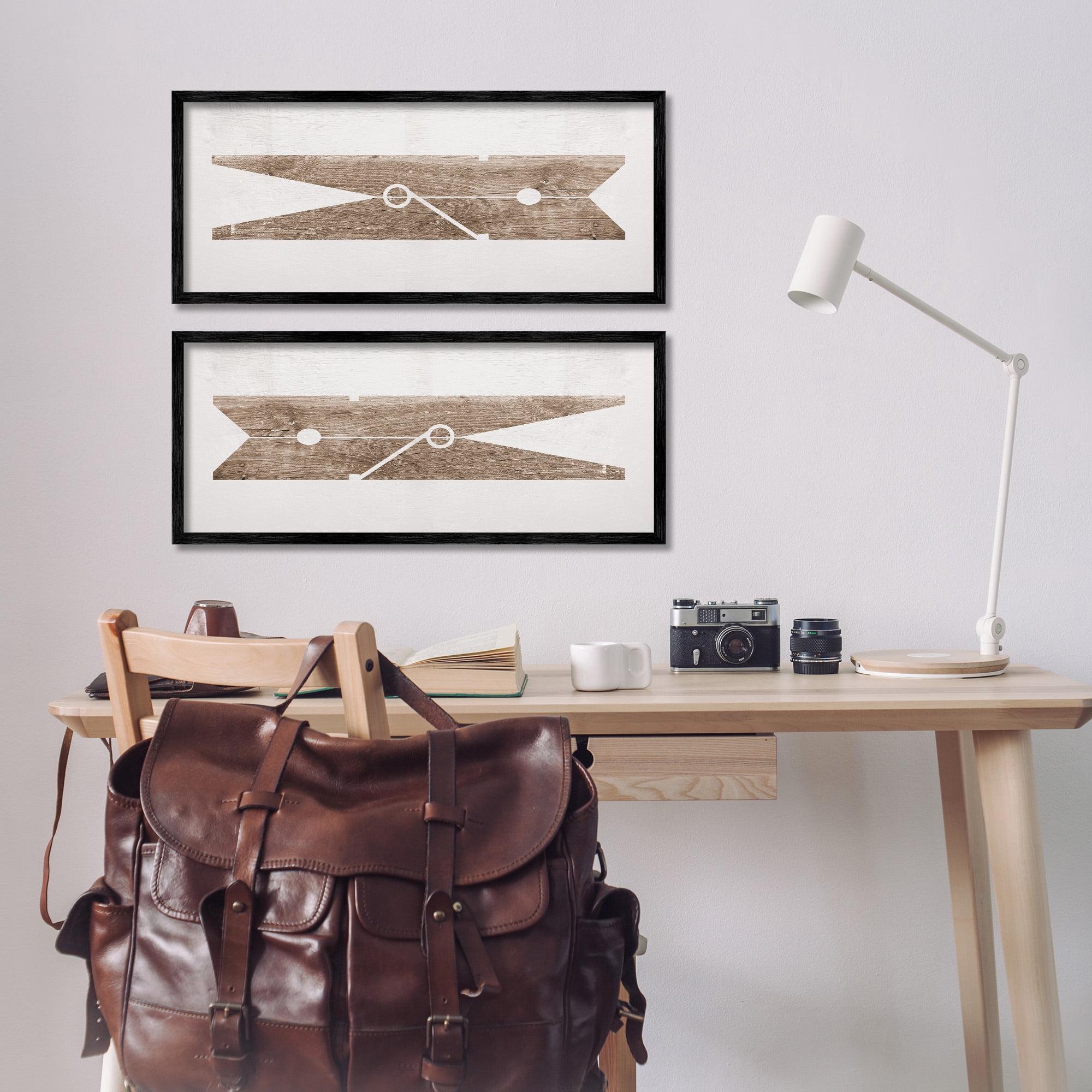 Stupell Industries Minimal Laundry Clothespins Abstract Painting Black Framed Art Print Wall Art, 24 x 10, Set of 2