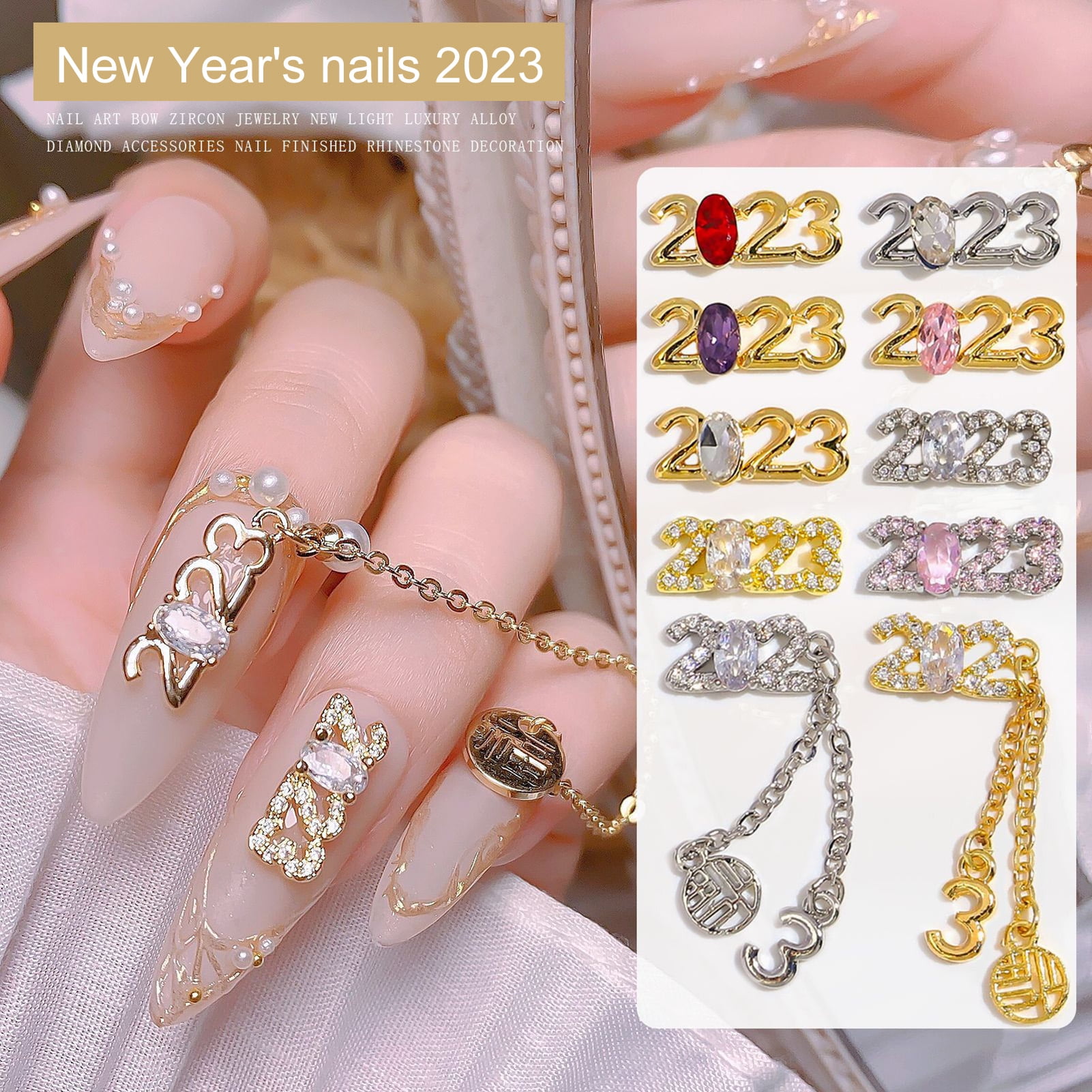 New Year Number 2023 Nail Accessories Gold Silver Alloy Nail Art Charms  With Rhinestone Studded Inside The Number, 3d Nail Jewelry For Nail Art Diy  - Temu Germany