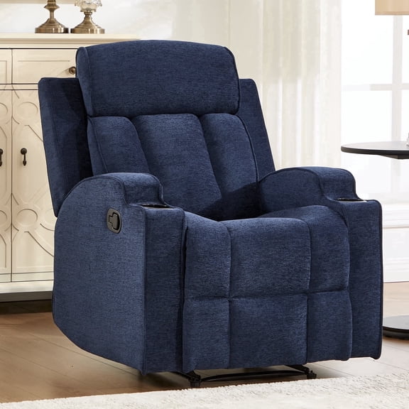 ZOY HOME Manual Recliner Chair, Soft Fabric Modern Overstuffed Recliner with Cup Holder for Living Room & Home Theater, Blue