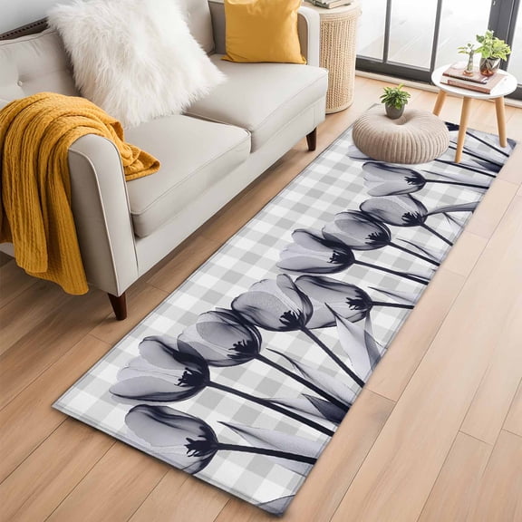 Grey Tulip Kitchen Runner Rug 2x6 Washable Runners for Hallway Non Slip Farmhouse Elegant Flowers Checkered Large Area Rug Indoor Floor Carpet for Bathroom Laundry Entryway Bedroom Living Room