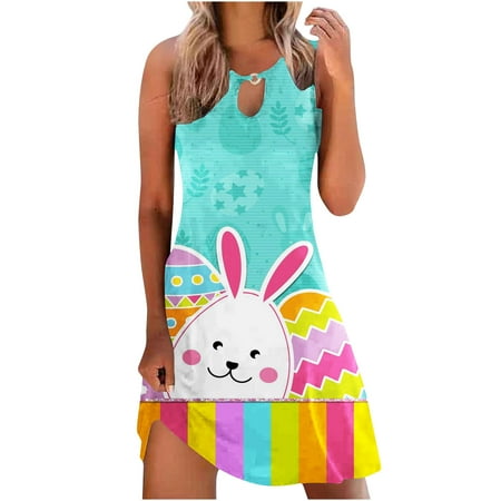 

jsaierl Womens Easter Dresses 2023 Bunny Egg Print Casual Dresses Sleeveless Vacation Midi Dress Keyhole Tank Dresses Happy Easter Gift for Women