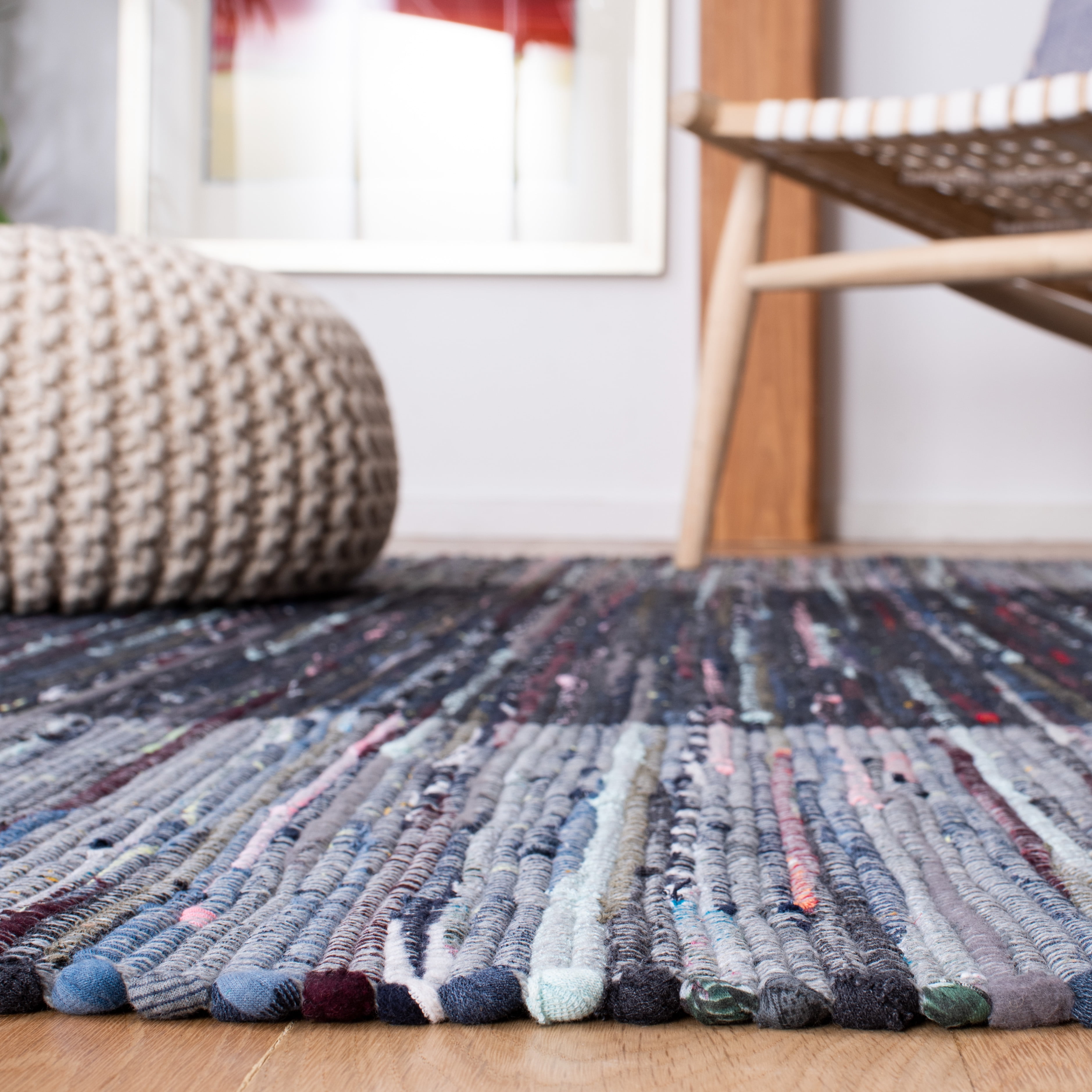 SAFAVIEH Rag Romeo Striped Fringe Cotton Area Rug, Grey/Black, 4' x 6'