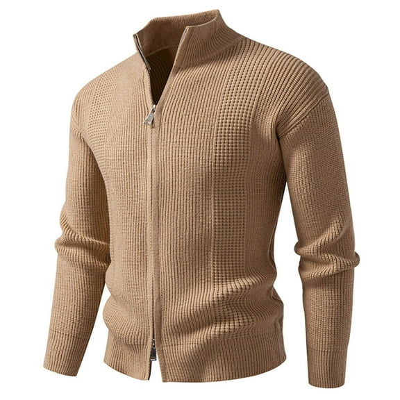 qelini Zip up Cardigan for Men Mock Neck Stretchy Knitted Sweaters Solid Long Sleeve Tops Dressy Casual Fall Outerwear