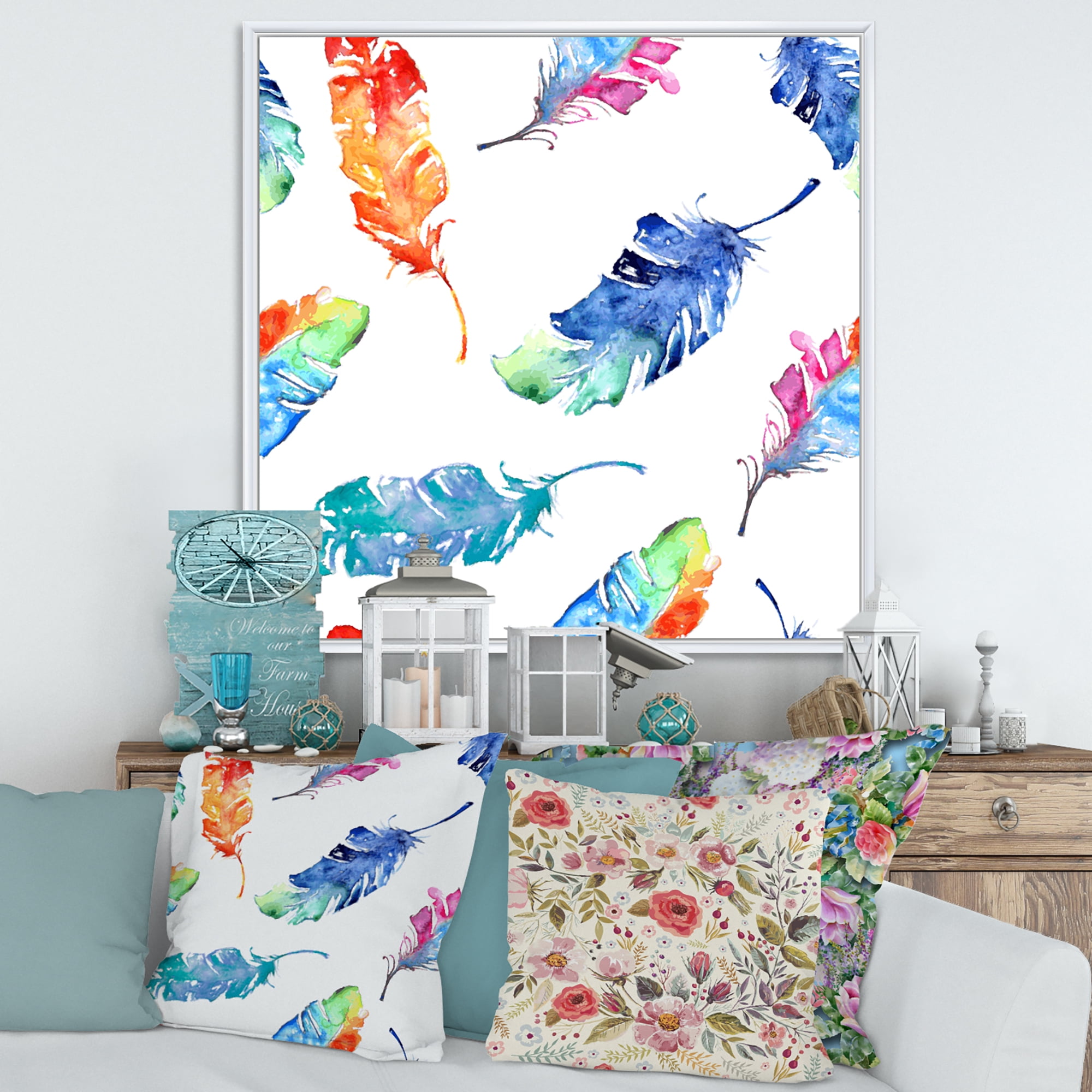 Ethnic Colorful Feathers 30 in x 30 in Framed Painting Canvas Art Print, by Designart