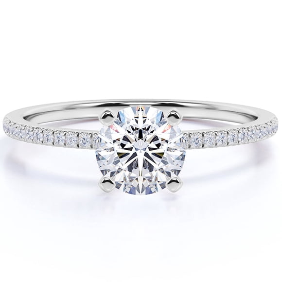JeenMata Anillo de Compromiso de 1 Quilate con Corte Redondo y Engaste Pavé en Oro Blanco de 18 K sobre Plata Esterlina