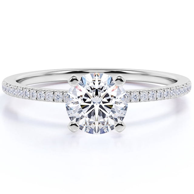 JeenMata Anillo de Compromiso de 1 Quilate con Corte Redondo y Engaste Pavé en Oro Blanco de 18 K sobre Plata Esterlina