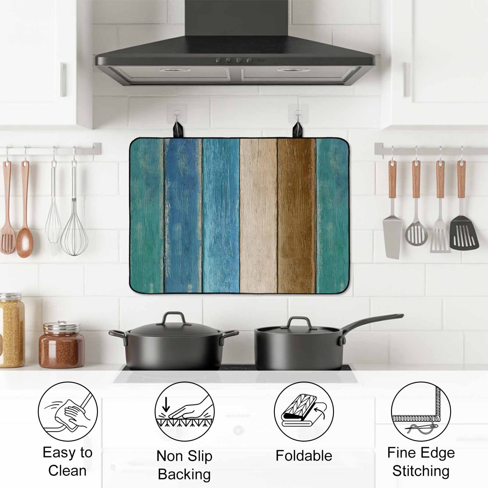 Teal Brown Blue Wooden Stove Top Cover for Electric Stove, Heat-proof & Non Slip Glass Top Stove Cover Protector, Farmhouse Vertical Striped Art Kitchen Flat Cooktop Rubber Mat 24x21 Inches