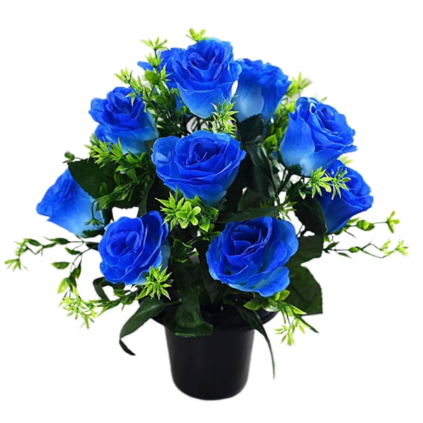 Cateissary Regalo de flores de seda brillante para conmemorar a los seres queridos Simulación de flores de seda Plantas en maceta Chr Decoración del hogar azul
