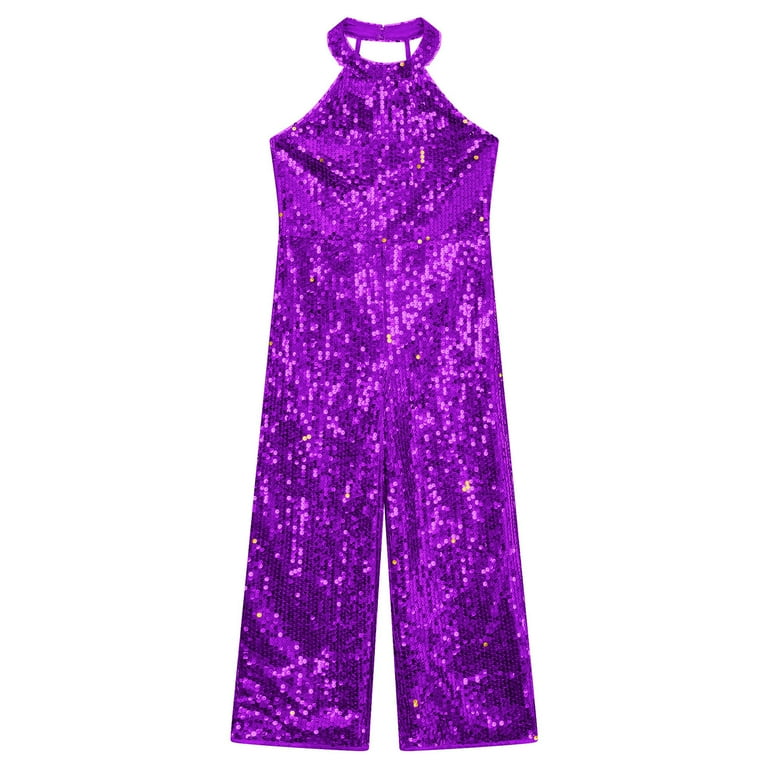 Alvivi Little Girls Shiny Sequins Halter Neck Jumpsuit Pageant Romper  Summer Party Prom Formal Suit Purple 10 - Walmart.com