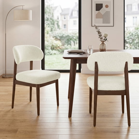 Set of 2 Dining Chairs Boucle Teddy Fabric Side Chairs with Curved Back, Mid Century Modern Kitchen Chairs Rubber Wood Legs for Dining Room Living Room