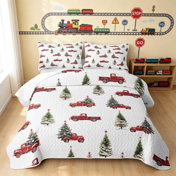 Erosebridal Christmas Truck Twin Quilt Set, Christmas Tree Twin Coverlet Set, White Christmas 2 Pieces 1 Bedspread and 1 Pillowcase