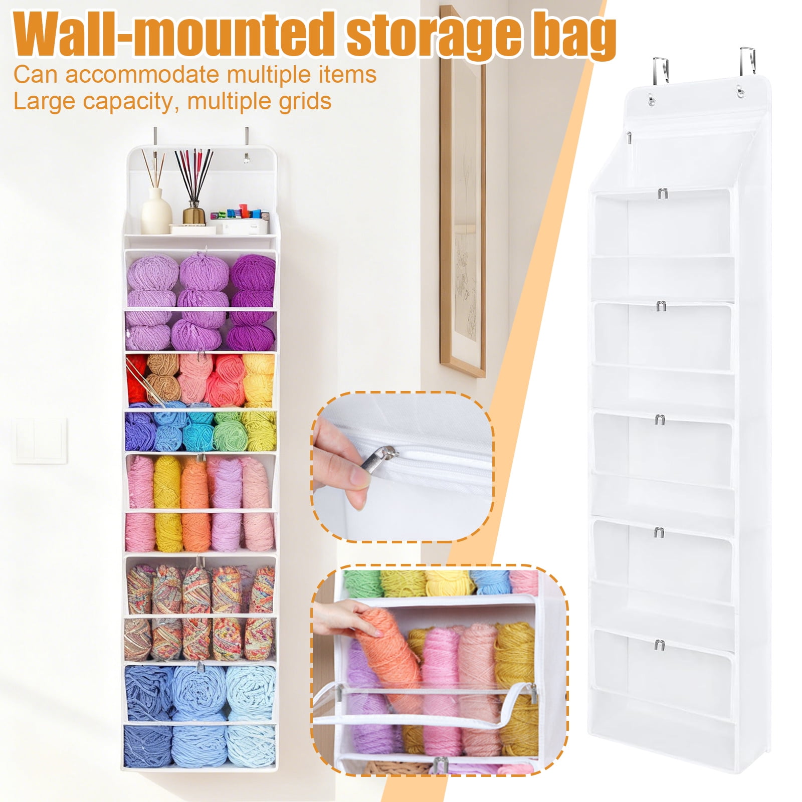 Door-Mounted Yarn Storage Rack with 6 Zippered Compartments, Large-Capacity Knitting Needle and Yarn Organizer, Hanging Craft Storage Bag for Crochet Supplies