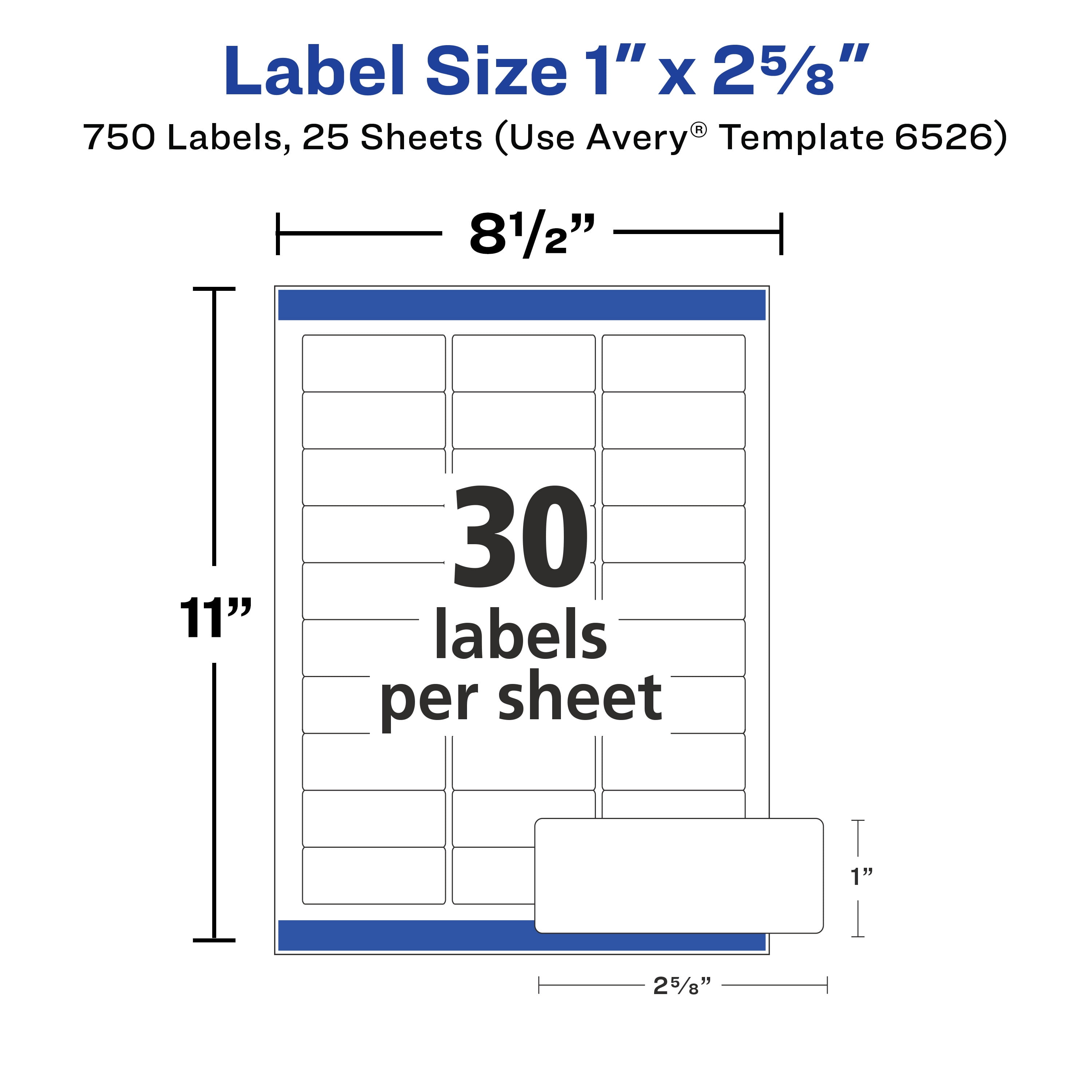 Avery Address Labels, Glossy White, 1" x 2-5/8", 750 Total (6526)