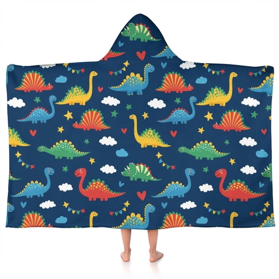 DarkBlue Dinosaurs Stars Hearts Hooded Bath Towel,50"x30" for Ages 3 To 12 Kids, Quick Dry Lightweight Soft Microfiber Hood Beach Towel Cover Up for Kids